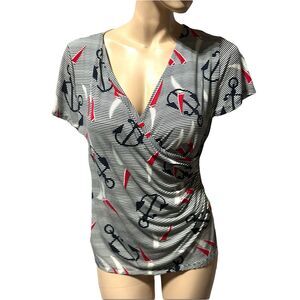 Talbots Women’s Faux Wrap Top Nautical Anchor Stripe Short Sleeve Size L Large